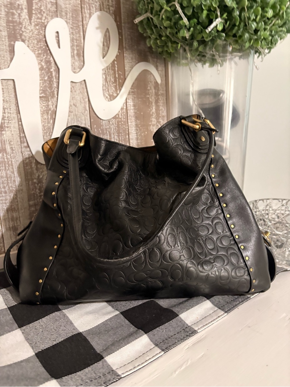 Coach Black Embossed Leather Shoulder Bag with Stud Accents